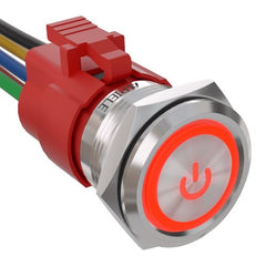 5 Amp 22mm Latching Push Button Switch Ring Led Waterproof - Red/Stainless steel-Power Logo
