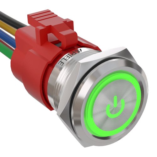 5 Amp 22mm Latching Push Button Switch Ring Led Waterproof - Green/Stainless steel-Power Logo