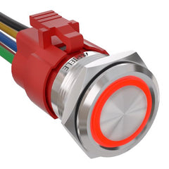 5 Amp 22mm Momentary Push Button Switch Ring Led Car Metal with Socket Plug 1NO1NC SPDT ON/Off - Red/Stainless steel-Flat Head