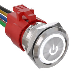 5 Amp 22mm Momentary Push Button Switch Ring Led Car Metal with Socket Plug 1NO1NC SPDT ON/Off - White/Stainless steel-Power Logo