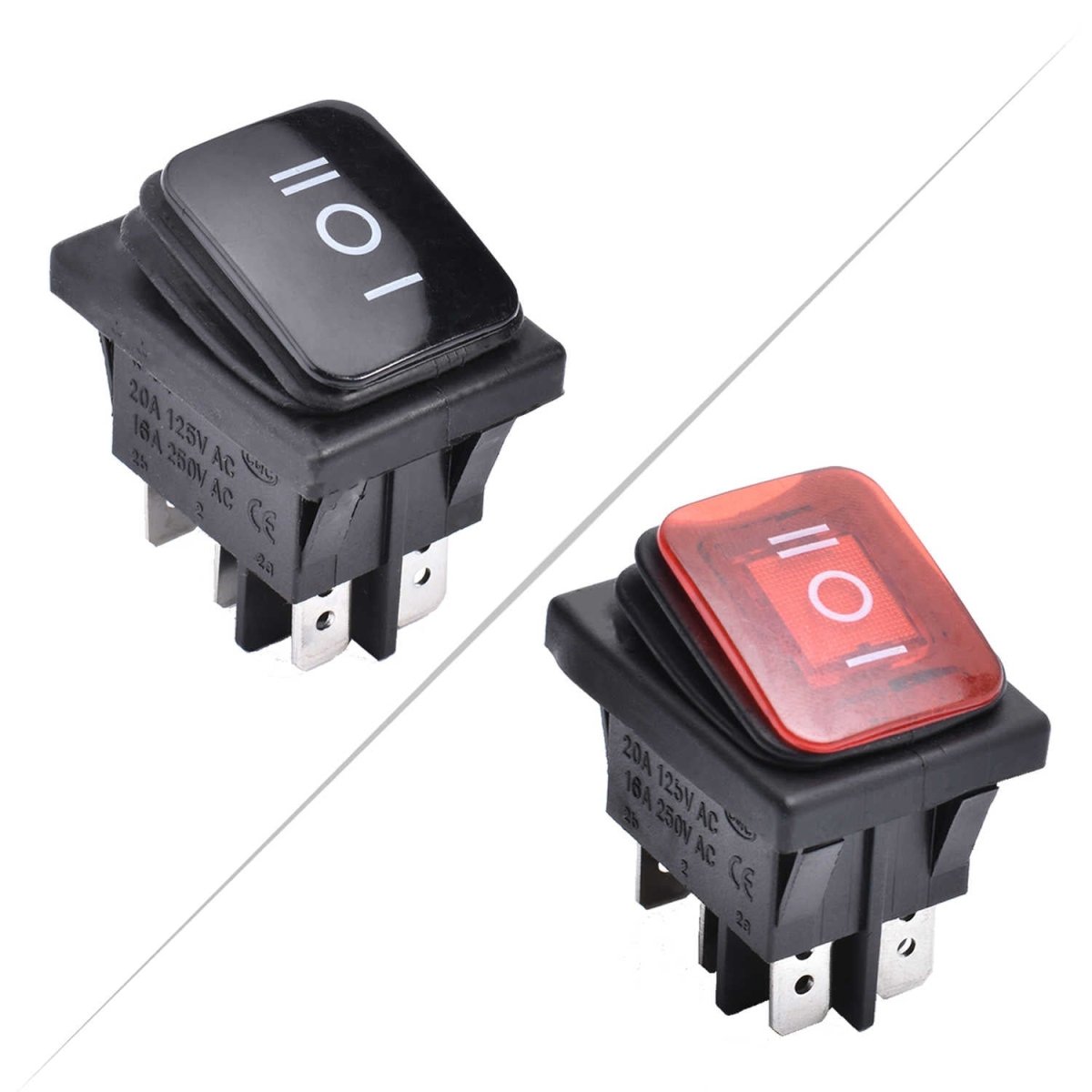 6 Pins 3 Position Rocker Toggle Switch 2Pcs Boat Waterproof AC 125V/20A 250V/16A ON-Off-ON DPST KCD4-203N (Black Red) - Black-